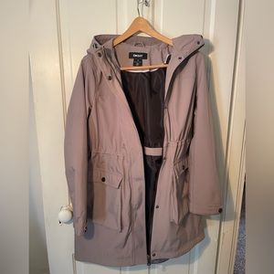 DKNY grey raincoat with hood Adjustable elastic waist cinch and hood